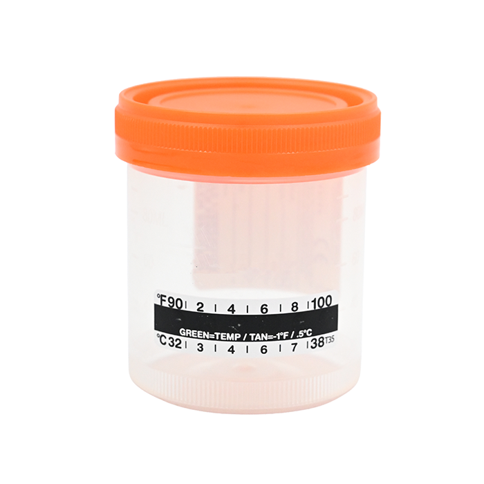 Back of sterile plastic collection cup showing temperature strip