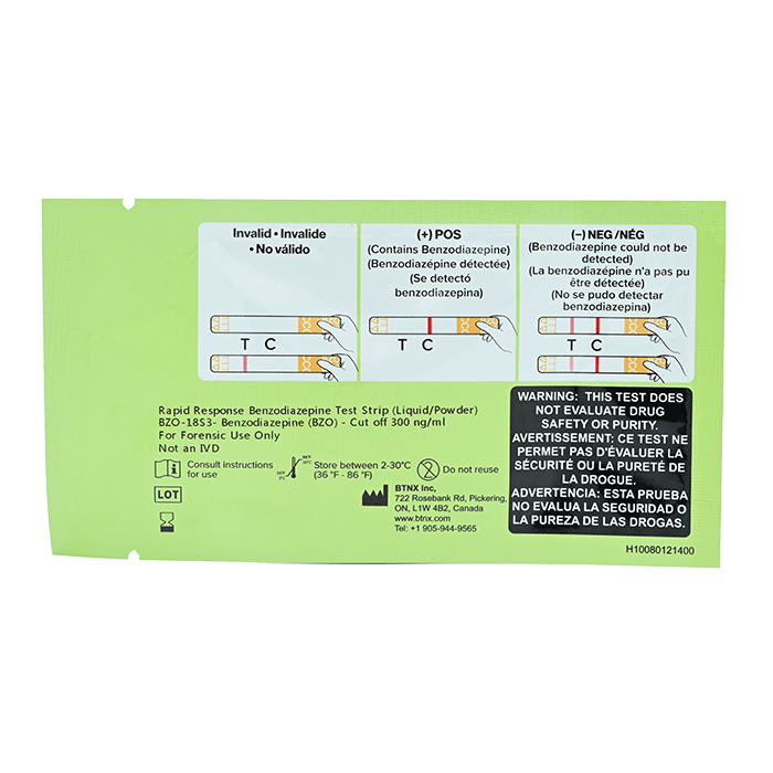 Benzodiazepine Test Strip back of pouch with results interpretation