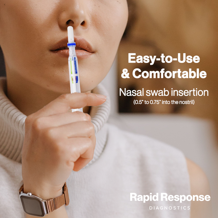 Woman using Rapid Response test. Easy-to-use comfortable swab 0.5 to 0.75 inch into the nostril