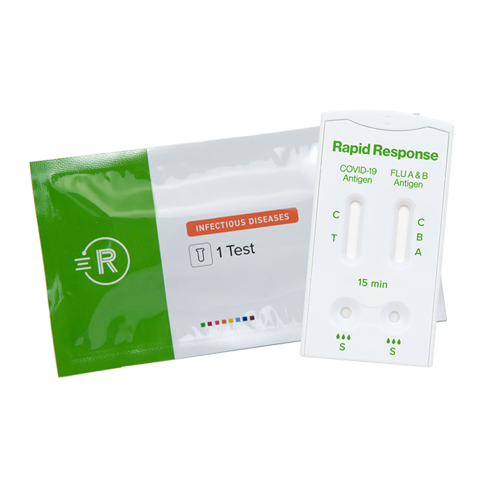 Rapid Response Influenza AB + COVID-19 Antigen - 3 in 1 Test cassette and pouch