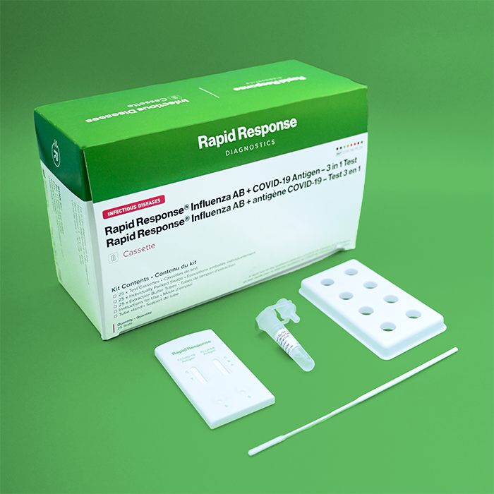 Rapid Response Influenza AB + COVID-19 Antigen - 3 in 1 Test kit components