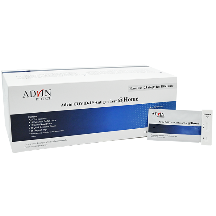 COV-19C25AD Advin Rapid COVID Antigen Test kit box, pouch and cassette