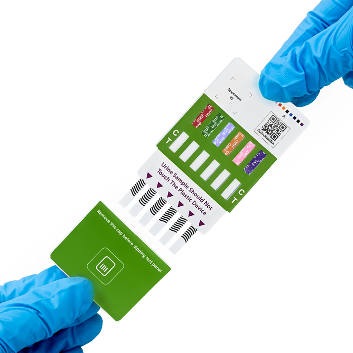 Multi-Drug Test Panel medical gloves hands holding panel and cap
