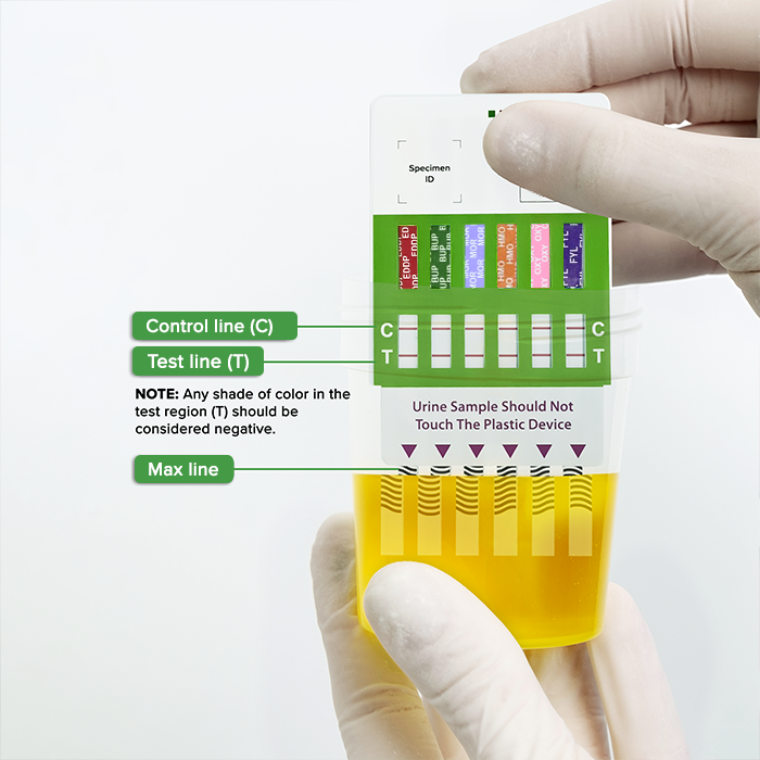 Multi-Drug Test Panel dipped in collection cup with urine