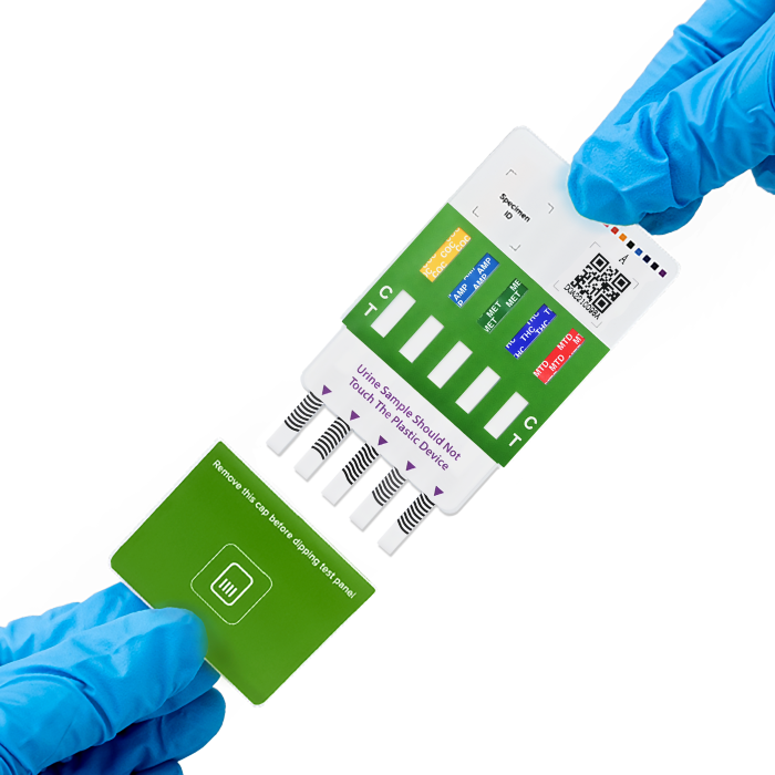 Multi-Drug Test Panel medical gloves hands holding panel and cap