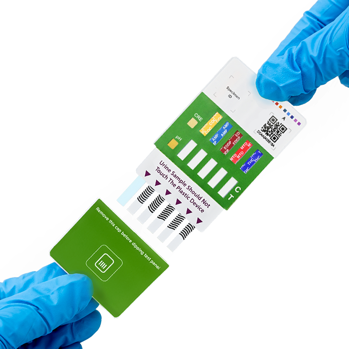 Multi-Drug Test Panel medical gloves hands holding panel and cap