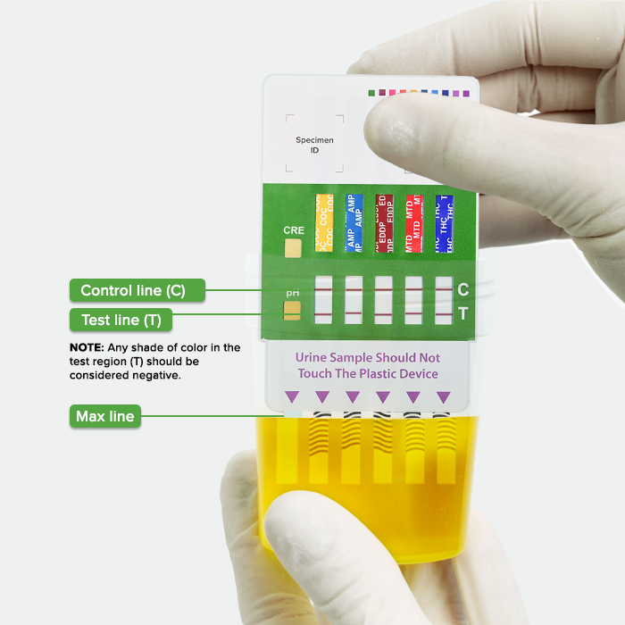 Multi-Drug Test Panel dipped in collection cup with urine