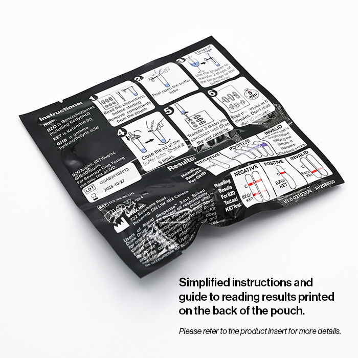 Spiked Drink Drug Test Cassette back of pouch with printed instructions and results