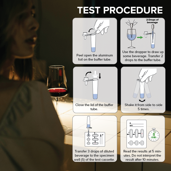 Spiked Drink Drug Test Cassette lifestyle image of test cassette, pipette, buffer tube and pouch