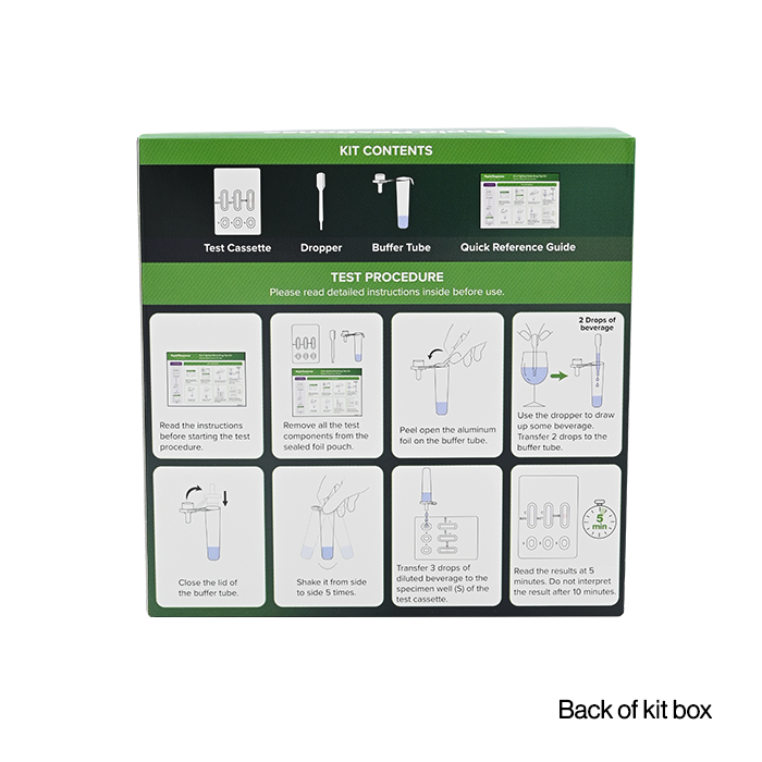 Spiked Drink Drug Test Cassette back of kit box printed kit contents and quick instructions