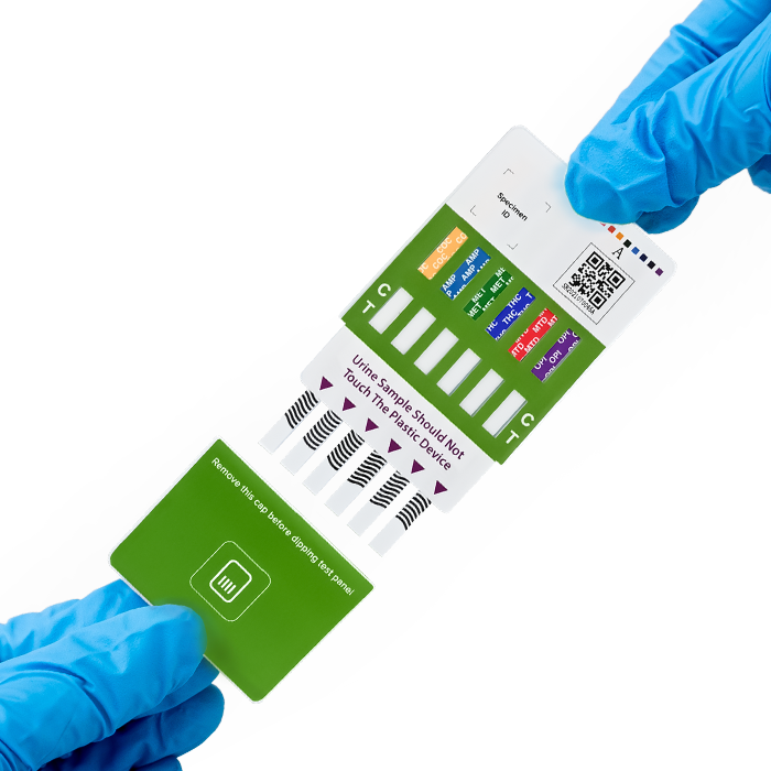 Multi-Drug Test Panel medical gloves hands holding panel and cap