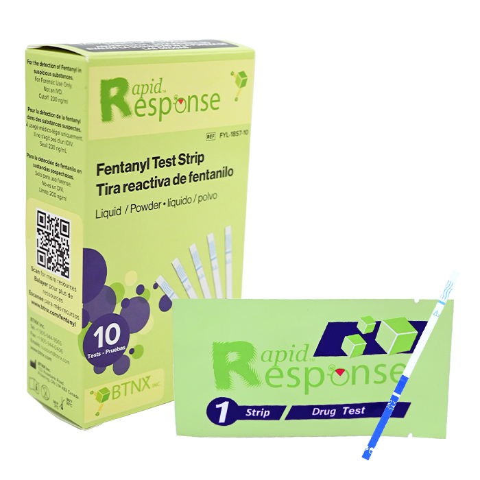 Rapid Response BTNX Fentanyl FYL Test Strip box, pouch and strip