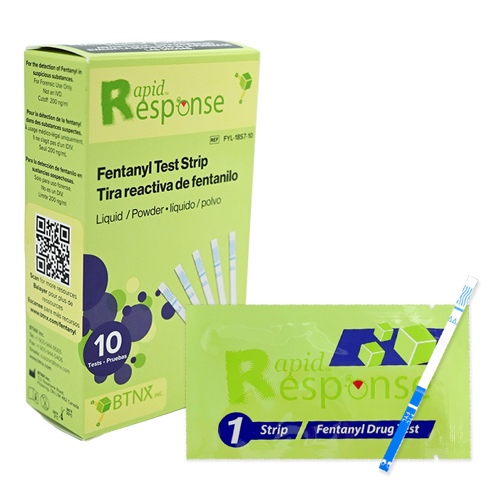 Rapid Response BTNX Fentanyl FYL Test Strip box, pouch and strip