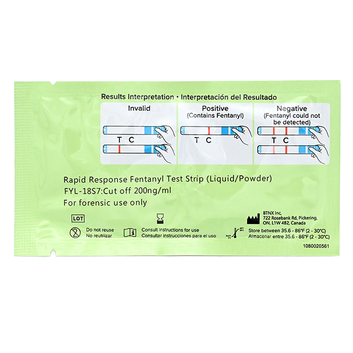 Fentanyl FYL test strip back of pouch with results interpretation
