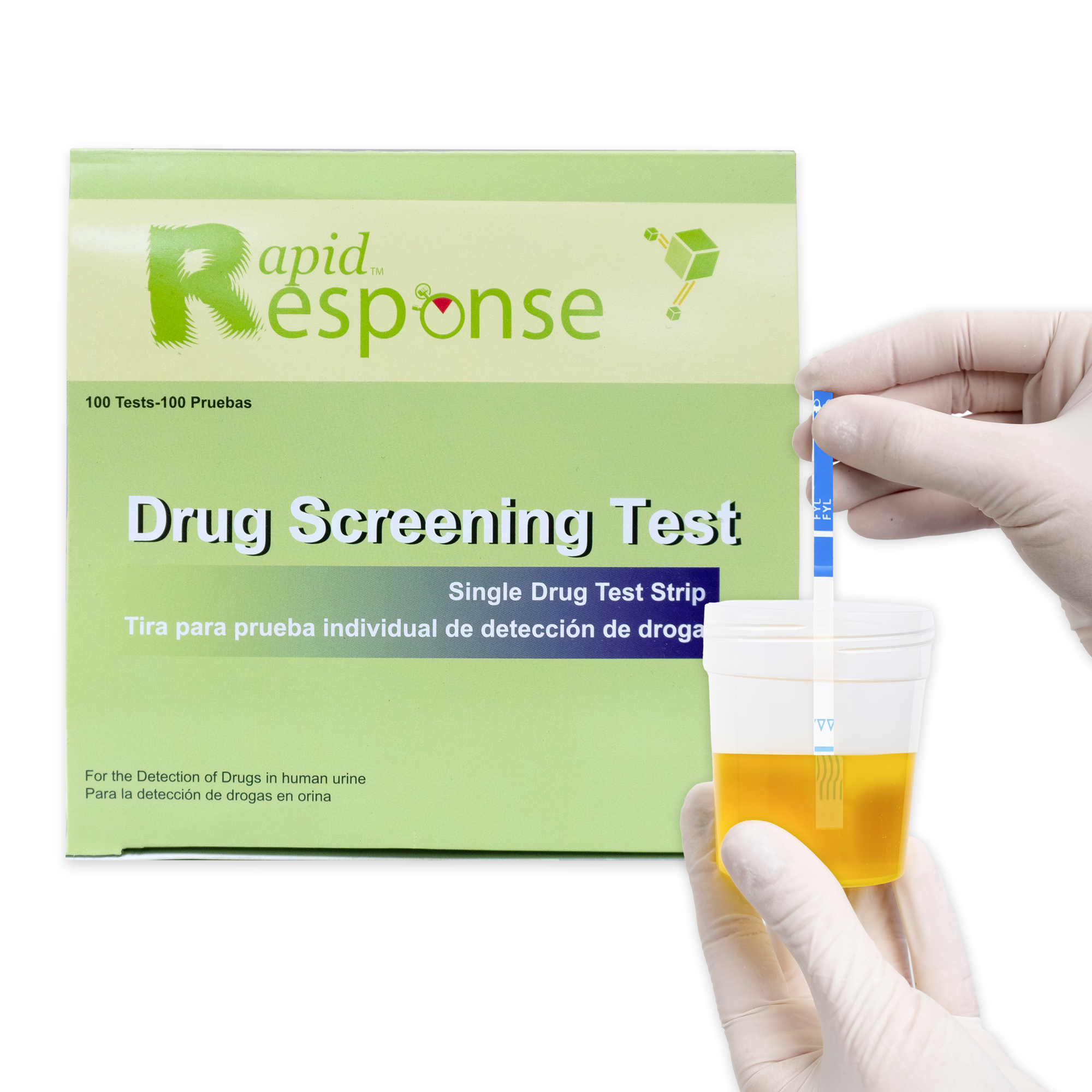 Fentanyl Test Strip Box and hand holding strip dipping in urine sample in collection cup