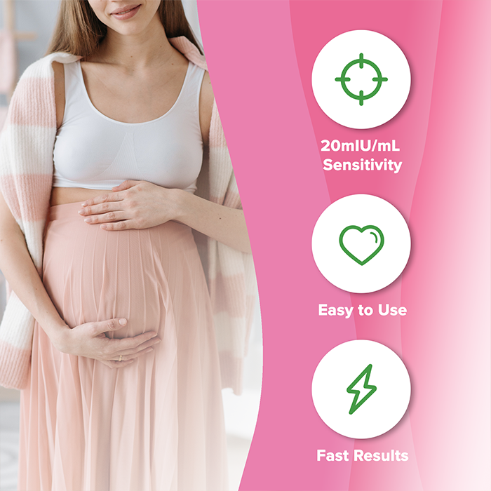 HCG Pregnancy Test Midstream Dip Stick features 20 IU/mL sensitivity and easy to use
