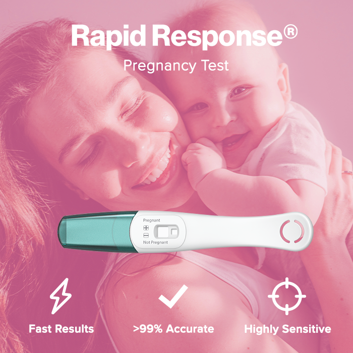 Rapid Response Pregnancy Test features happy mother with baby