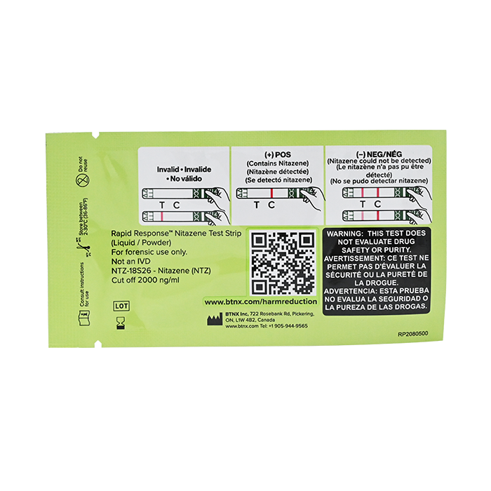 Nitazene test strip reverse of pouch with QR code