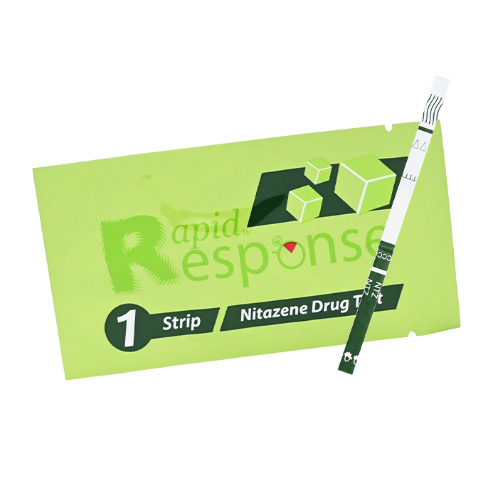 Rapid Response Nitazene Test Strips pouch with strip