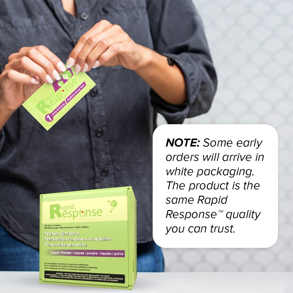 Rapid Response Orphine Test Strip kit box person opening test strip pouch