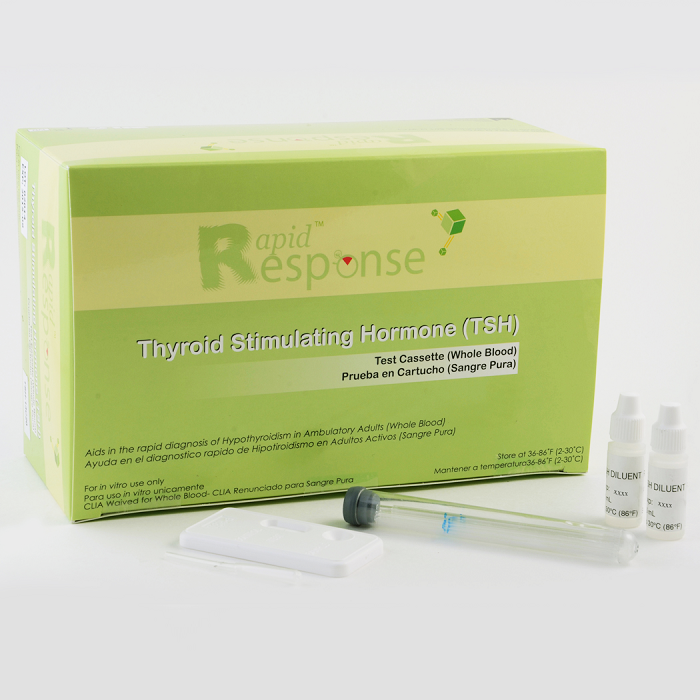 Thyroid Stimulating Hormone (TSH) test cassette kit box and components