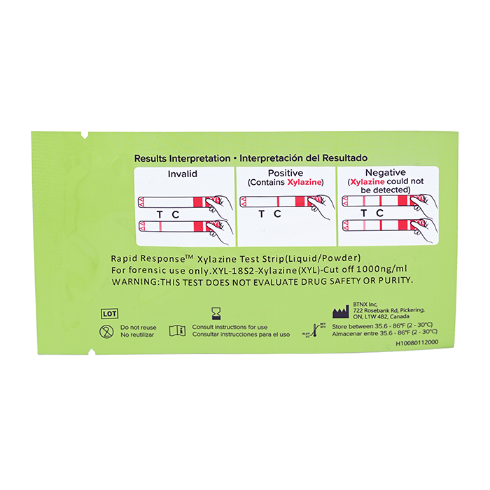 Xylazine XYL test strip back of pouch with results interpretation
