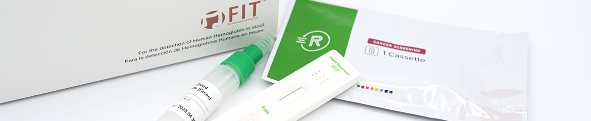 Rapid Response Diagnostics cancer screening products FIT test buffer, cassette, and kit box